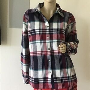Orvis Navy Blue Red Cotton Plaid Flannel Fleece Lined Shirt Jacket Shacket M